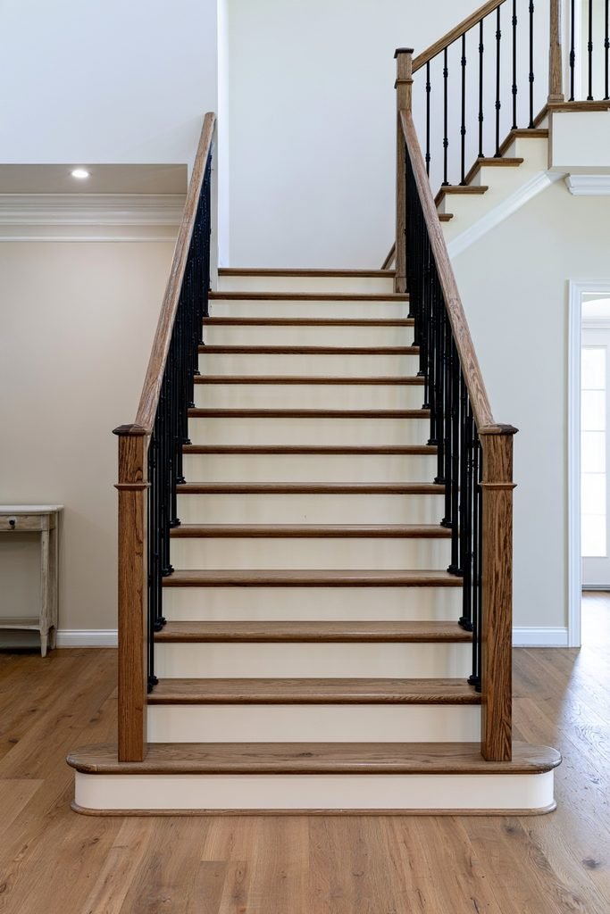 Traditional staircase updated with slim black iron balusters and wooden handrail