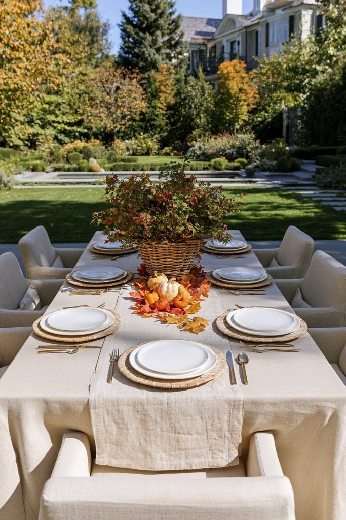 Outdoor Thanksgiving dining table with rustic linens, woven baskets, seasonal foliage, and subtle autumn decorations.