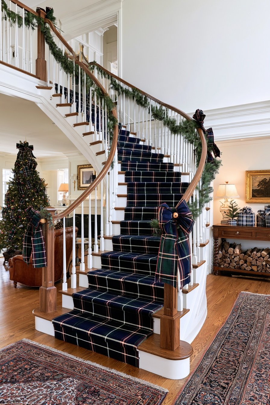 Classic half-turn staircase decorated with tartan plaid ribbon and traditional Christmas accents.