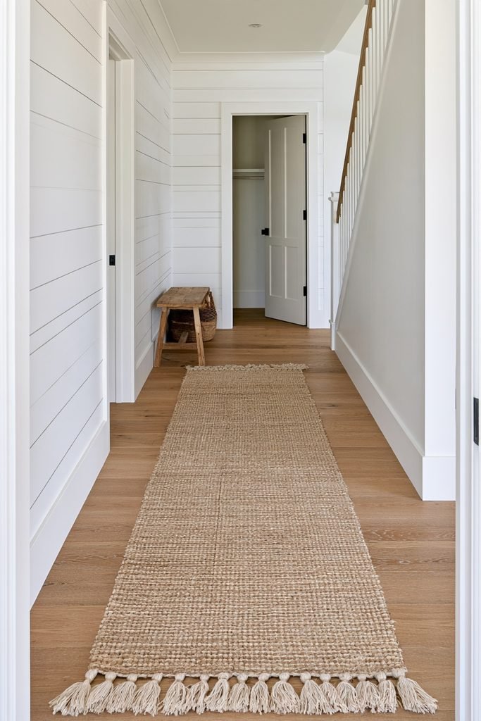 Tasseled farmhouse hallway runner in a rustic entry with shiplap walls, pine flooring, wooden bench, baskets, coat hooks, and flowers.