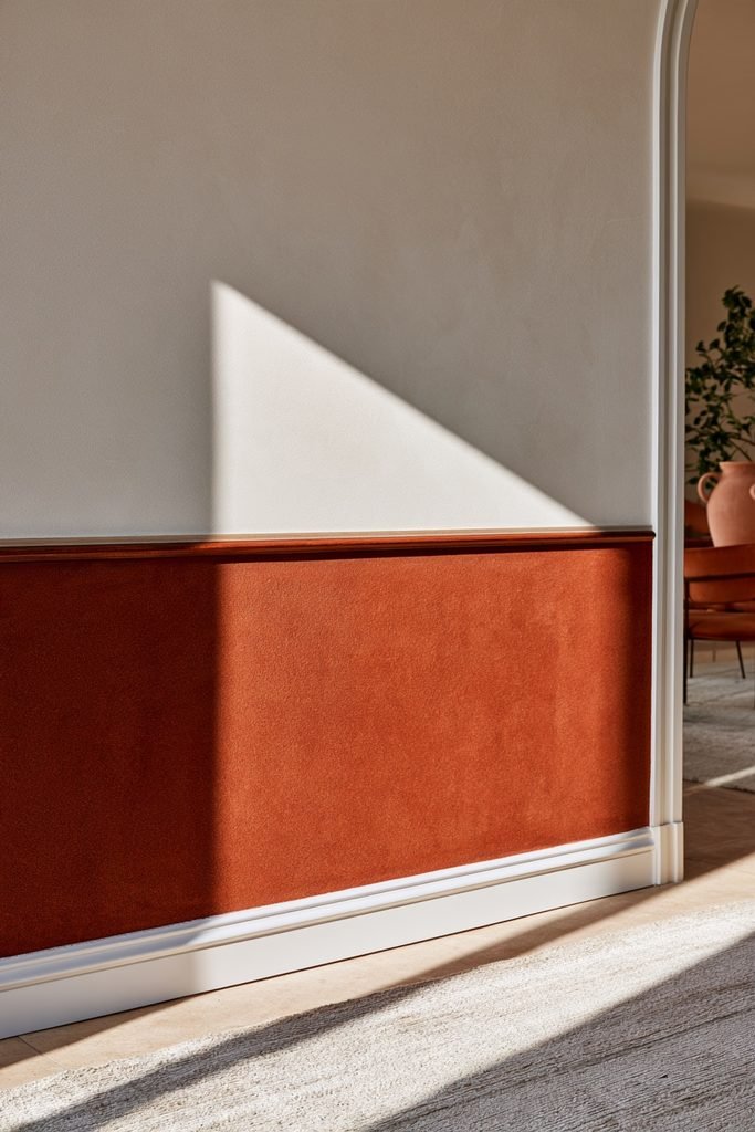 Terracotta lower wall with a neutral upper section divided by a decorative dado rail
