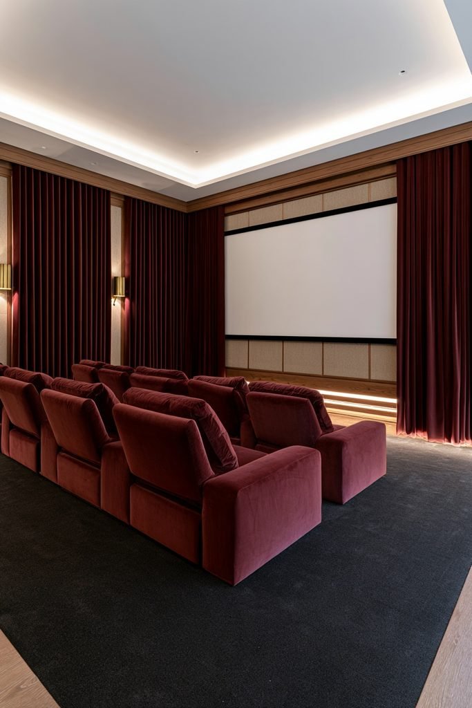 Enclosed home cinema with thick acoustic curtains, burgundy recliners, and warm floor lighting
