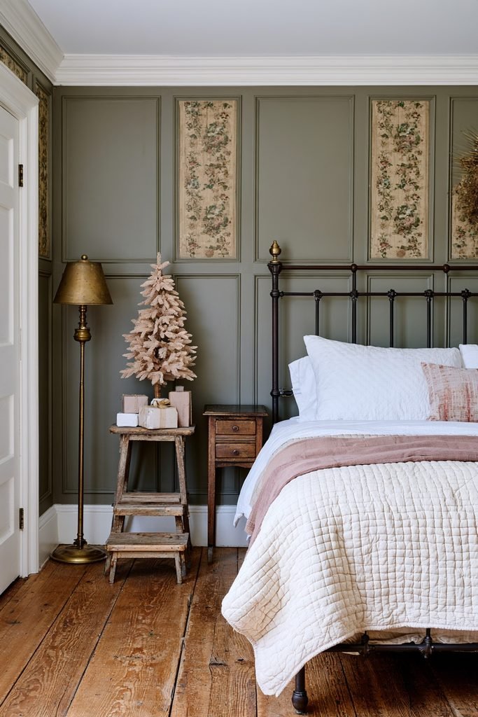 Vintage footstool decorated with a small Christmas tree and gifts in a pink holiday bedroom
