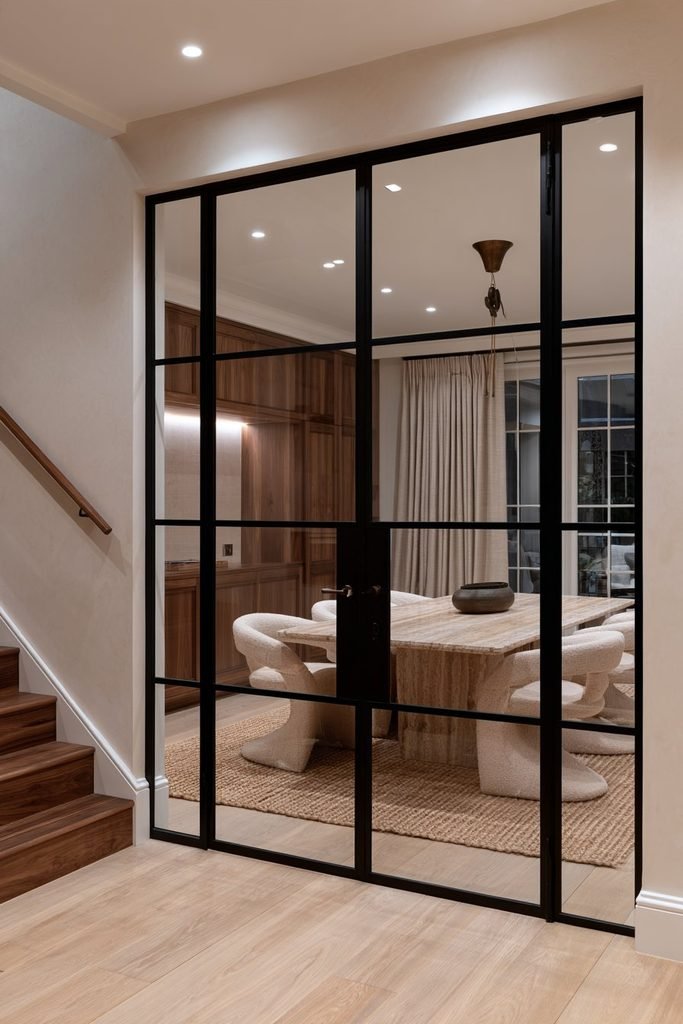 Warm townhouse interior combining black Crittall steel-framed doors with rich walnut timber details