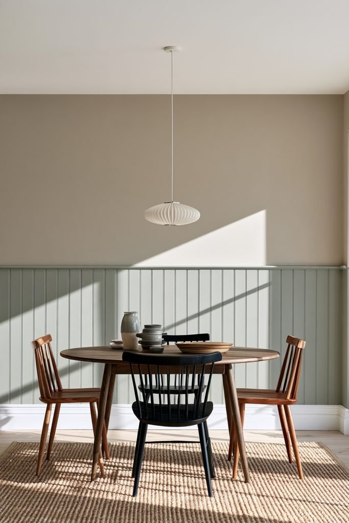Tongue-and-groove wall panelling below a traditional dado rail in a cottage-style room