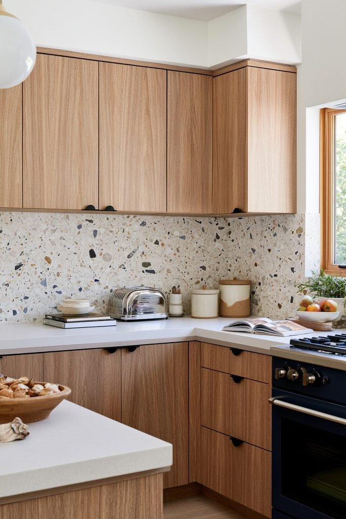 Elegant kitchen featuring a decorative quatrefoil tile backsplash with repeating four-lobed shapes