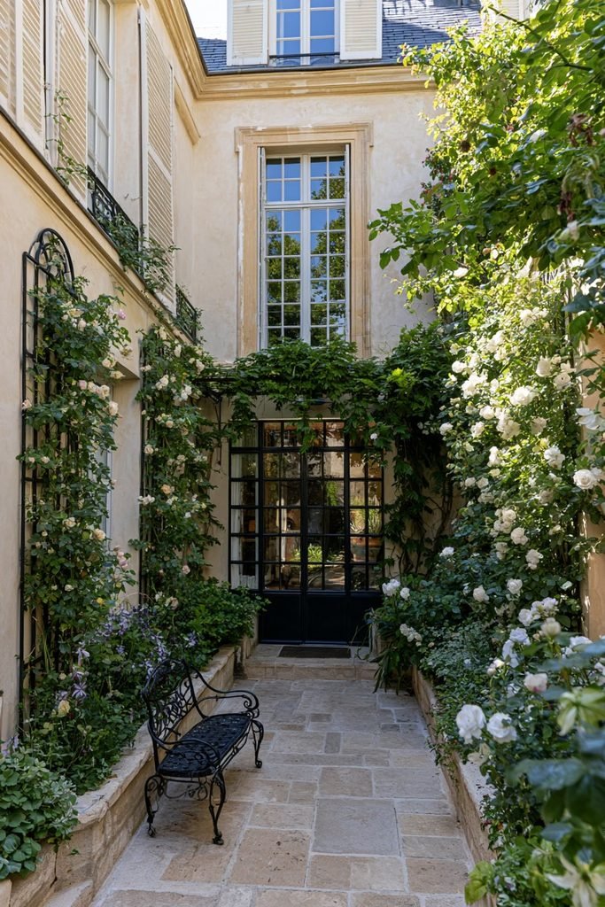 Contemporary house courtyard with climbing plants trained along a wooden wall trellis