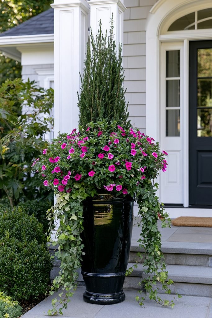 High-gloss black planter with evergreen foliage, trailing ivy, and fuchsia calibrachoa