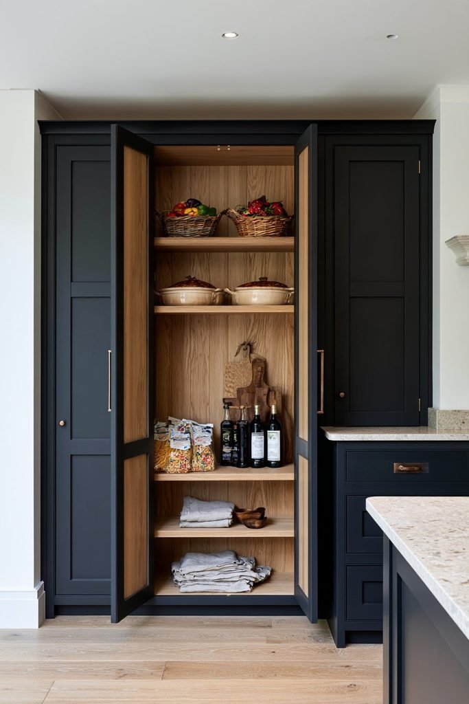 Charcoal Shaker larder cupboard with light timber interior, glass jars, baskets, pantry ingredients, and contrasting finishes