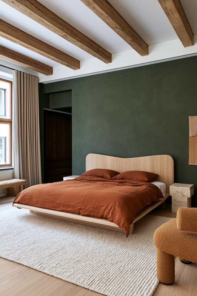 Scandinavian bedroom with earthy green walls, natural oak bed, cream linen bedding, integrated storage, and warm wood flooring