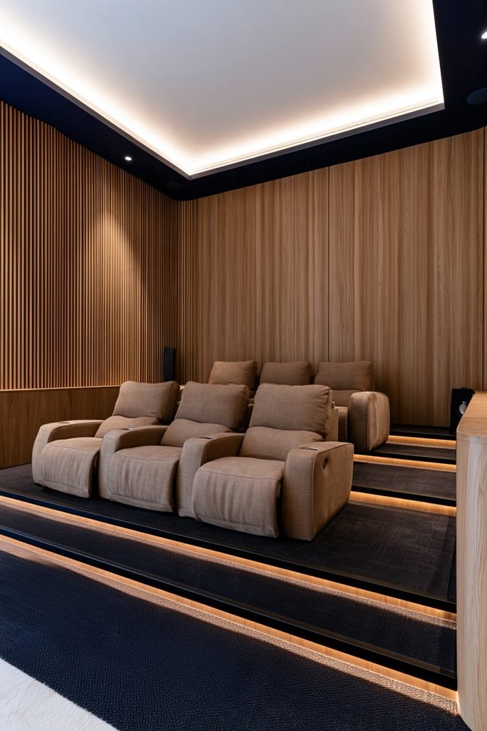 Navy home cinema with warm wood acoustic panels, large screen, and stadium-style recliners