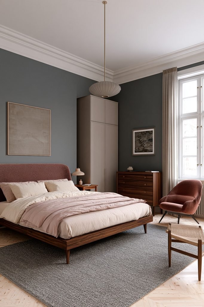 Scandinavian bedroom with subtle pastel pink accents, white linen bedding, ash wood furniture, and dusty pink decor
