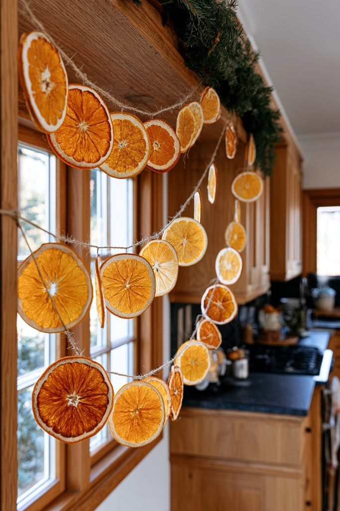 Dried citrus garland adding warm Christmas accents to a cozy kitchen window