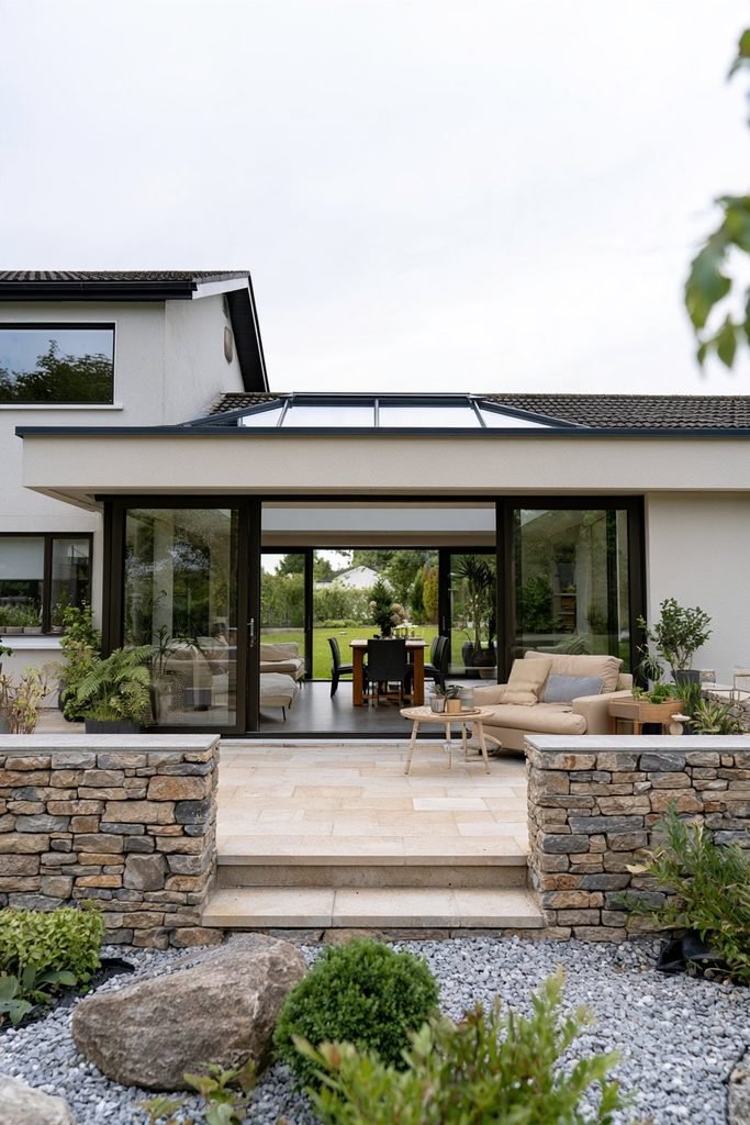 Low-profile bungalow orangery with a hipped-back roof connecting naturally to the existing home.