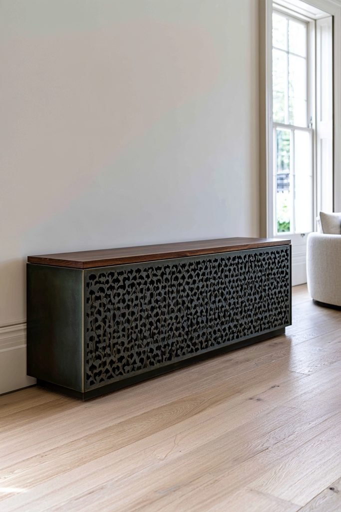 Decorative laser-cut metal radiator cover with an intricate geometric grille