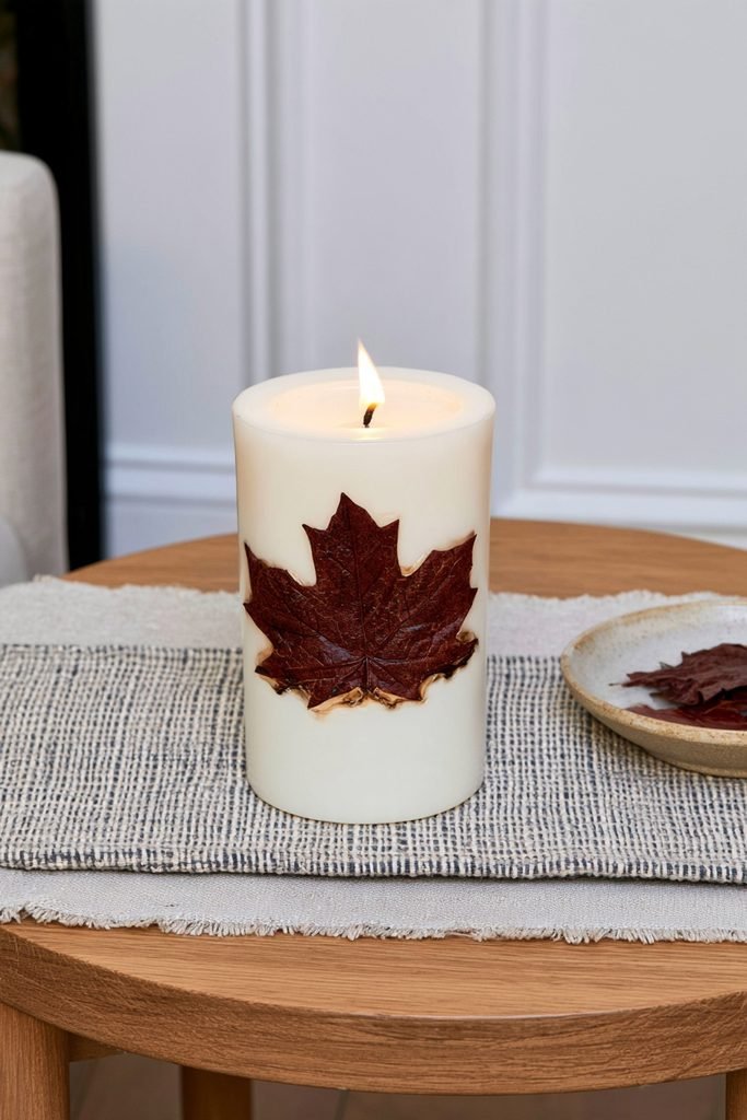 Fall leaf transfer pillar candles arranged on a wooden dining table in a realistic autumn dining room.