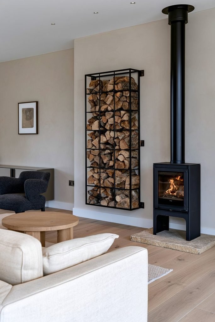 Contemporary living room with a black log burner beside a wall-mounted metal log store filled with firewood, cream sofa, charcoal chairs, and oak flooring.