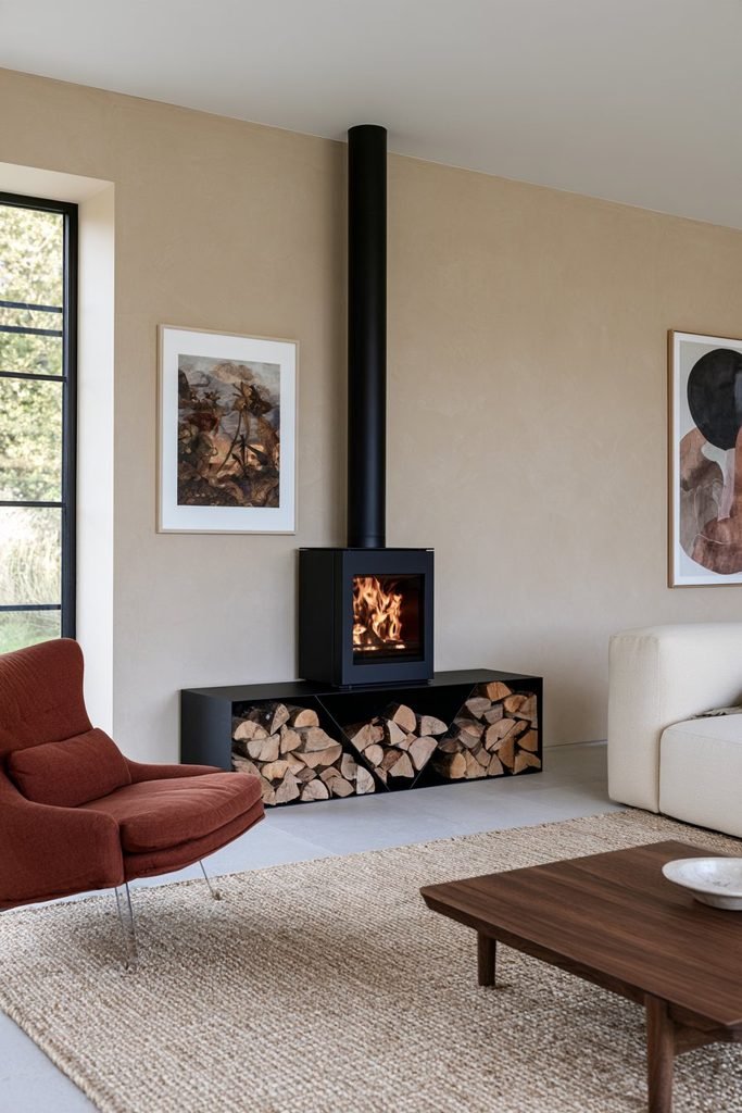 Modern living room with a black log burner beside a geometric firewood cabinet, charcoal sofa, cream chairs, oak coffee table, and warm clay-colored wall.
