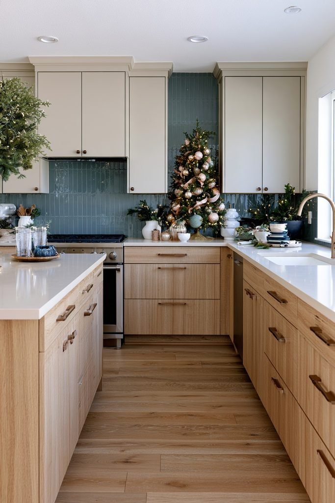 Teal, blush pink, and gold Christmas decor in a stylish neutral kitchen