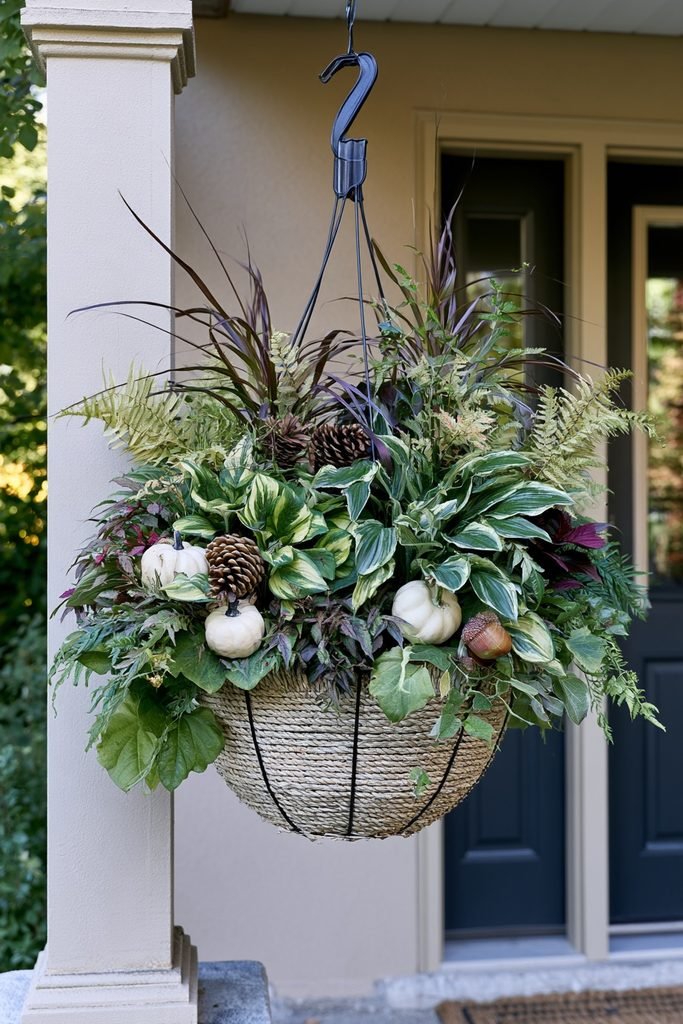 Fall hanging basket decorated with small faux pumpkins, pinecones, and seasonal flowers