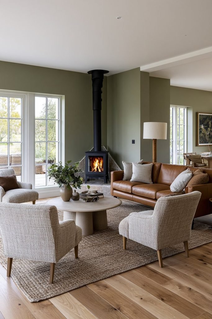 Open-plan living room with a compact black log burner positioned in the corner, surrounded by an L-shaped sofa and dining area.