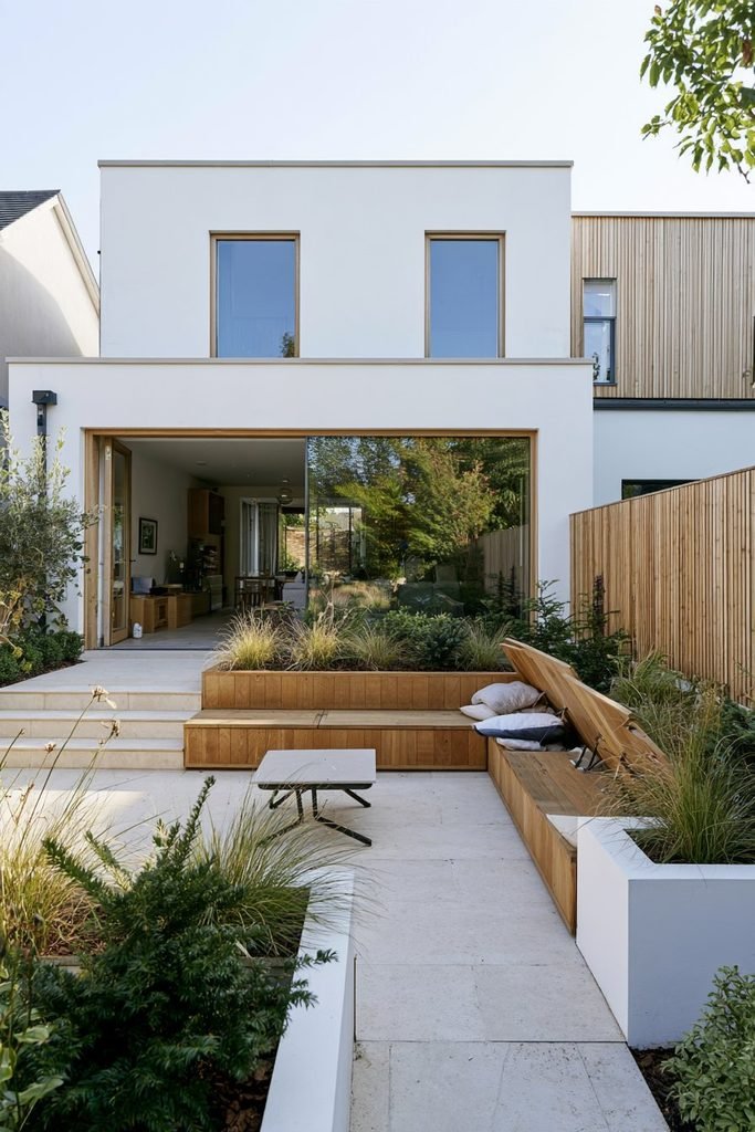 Scandinavian house courtyard with built-in bench seating and hidden outdoor storage