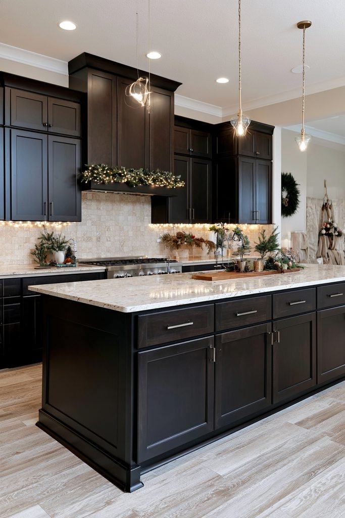 Warm white Christmas twinkle lights illuminating the kitchen under cabinets