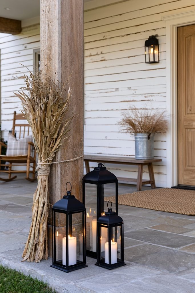 Fall porch lanterns paired with dried corn stalk bundles tied to a porch column