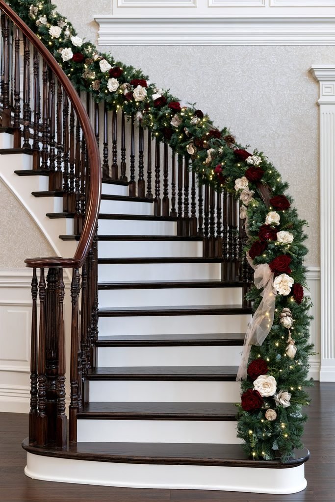 Elegant French-style staircase decorated with blush tulle and handmade fabric flowers for Christmas.