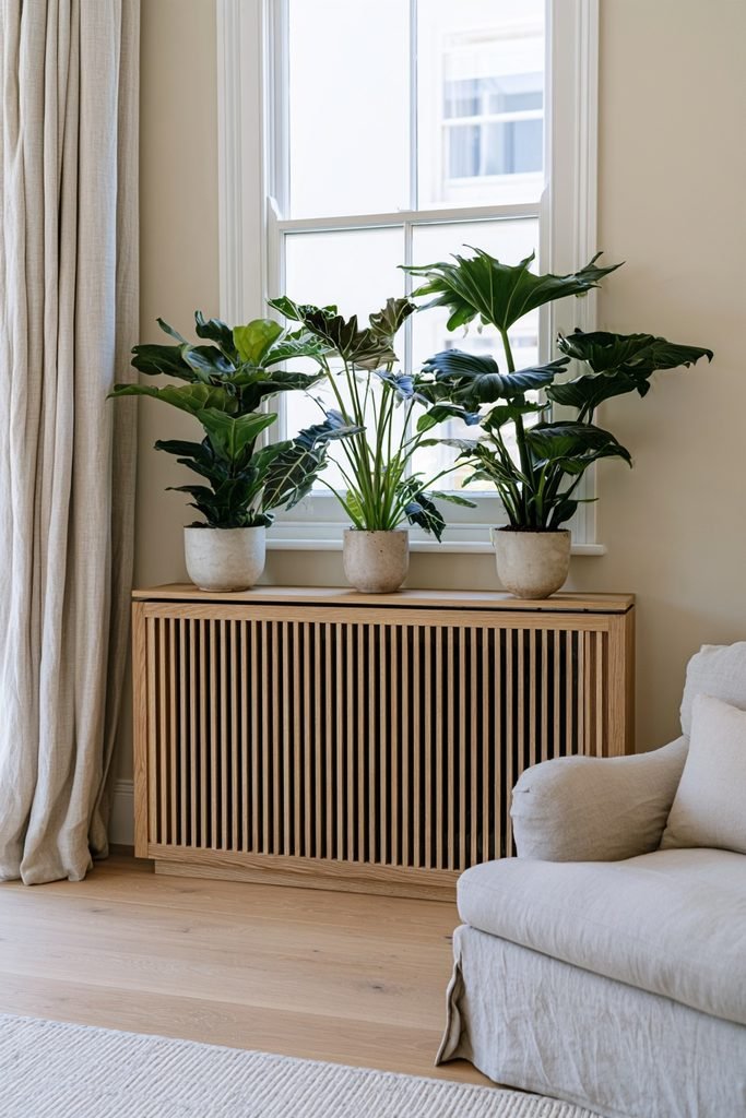 Wooden radiator cover with potted plants displayed on the top shelf beneath a window