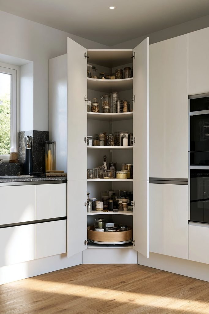 Corner larder cupboard with angled shelves and rotating storage tray for organized kitchen pantry items