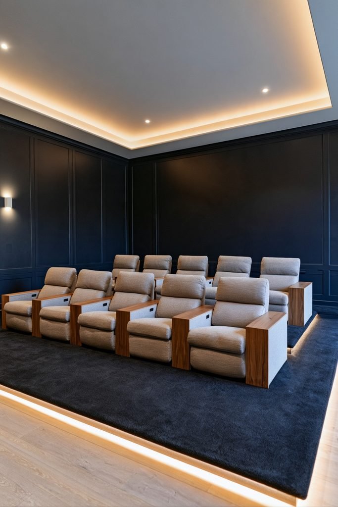 Two-tone home cinema with dark lower walls, light ceiling, raised seating, and warm LED lighting