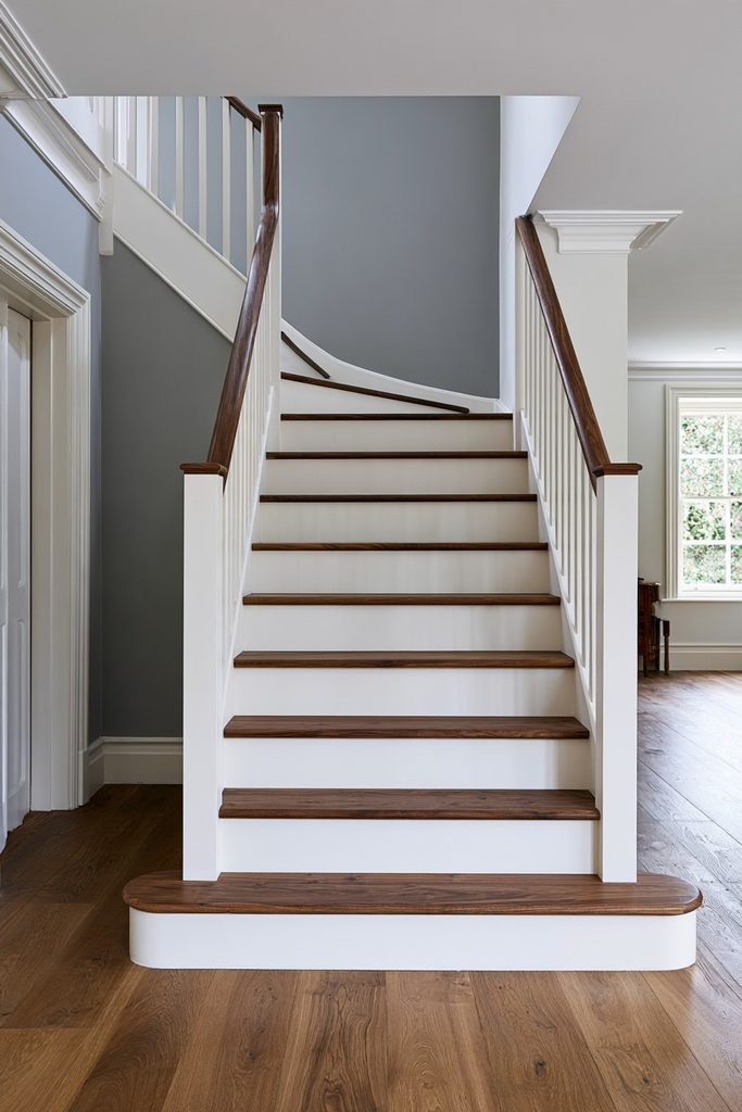 Two-tone staircase with natural wood treads and crisp white risers