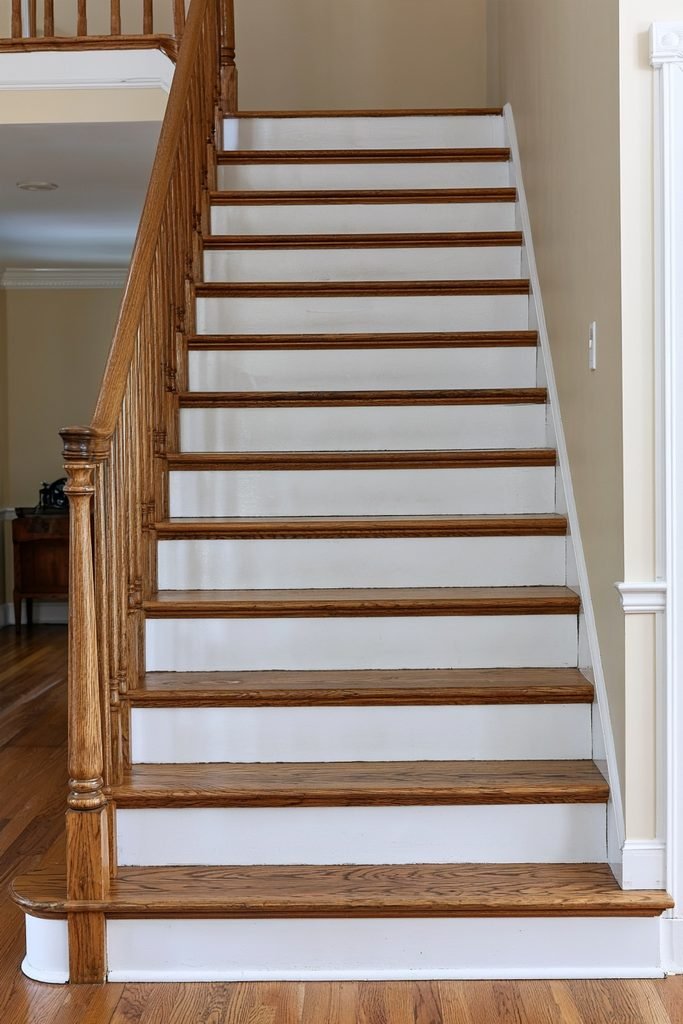 Restored wooden staircase with exposed natural wood treads after removing carpet