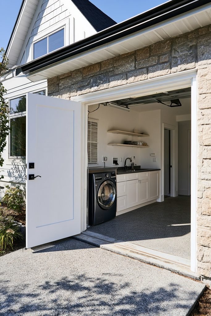 Compact garage conversion laundry area with an under-counter washer dryer, countertop, cabinets, utility sink, and open shelving.