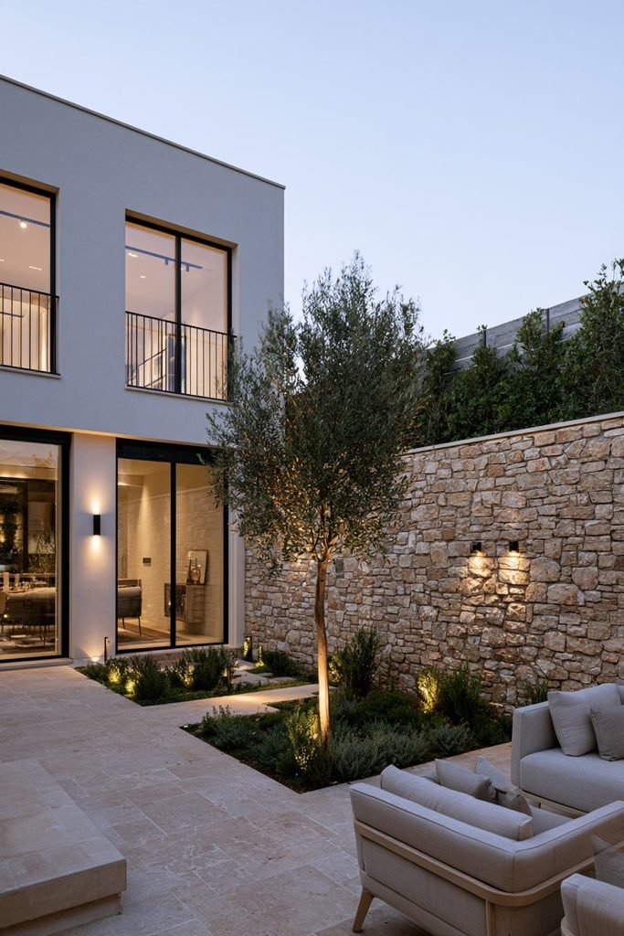 Contemporary house courtyard at night with uplighting on trees, walls, and garden features