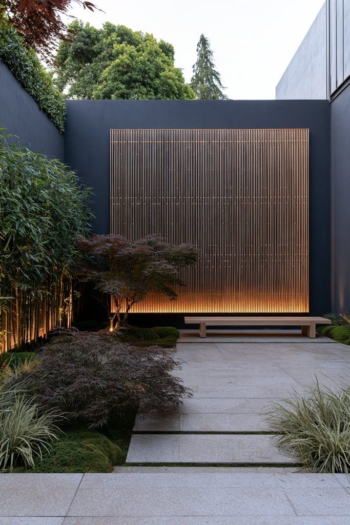 Modern house courtyard featuring a decorative privacy screen as the main garden focal point