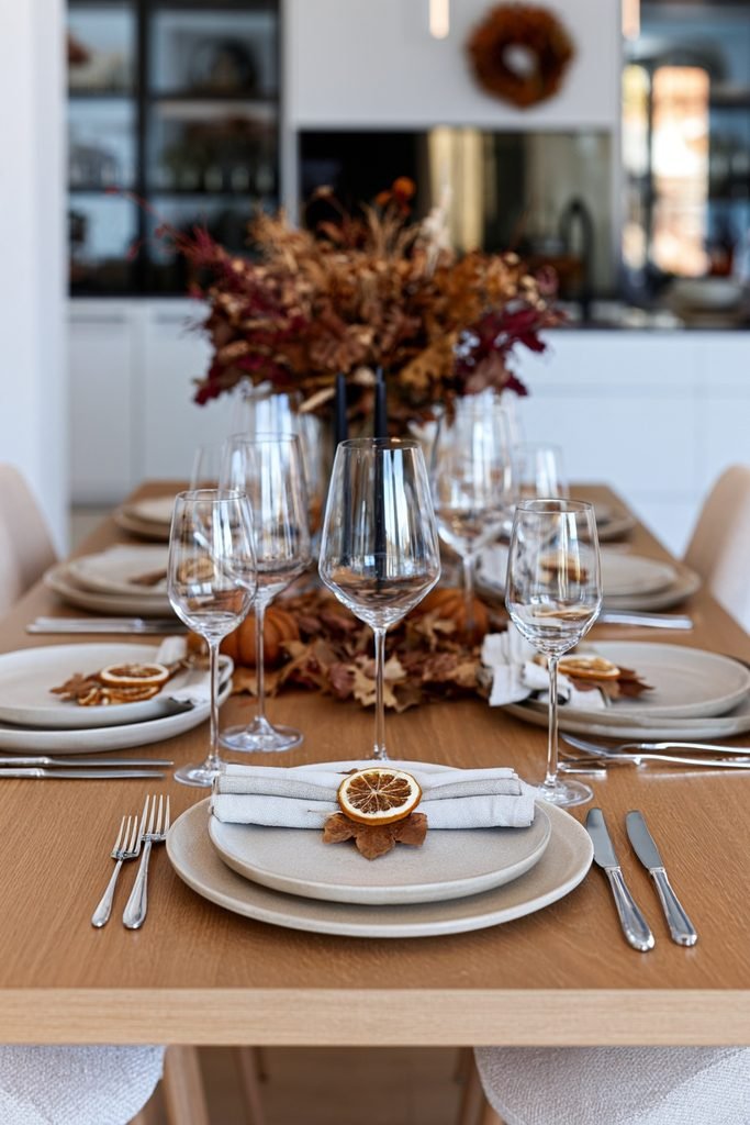 Thanksgiving table place settings featuring dried orange slices and pressed autumn leaves as natural place-card holders.