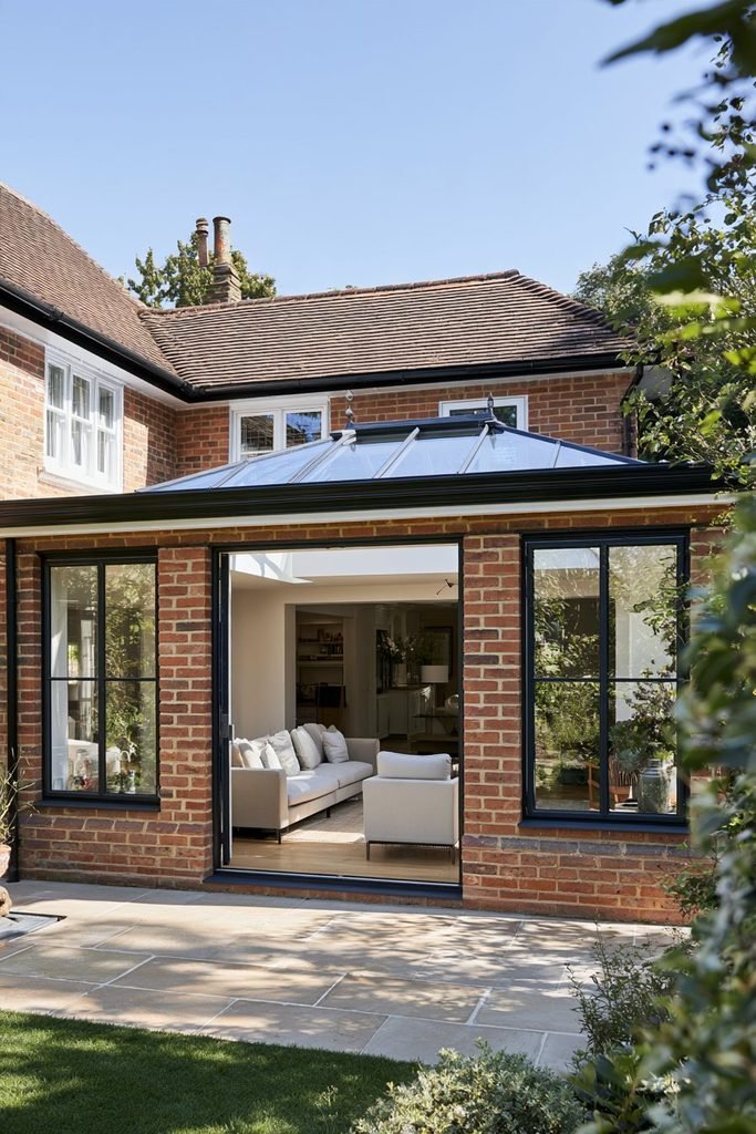 Stone orangery extension with low dwarf walls, tall windows, and garden-facing glazing.