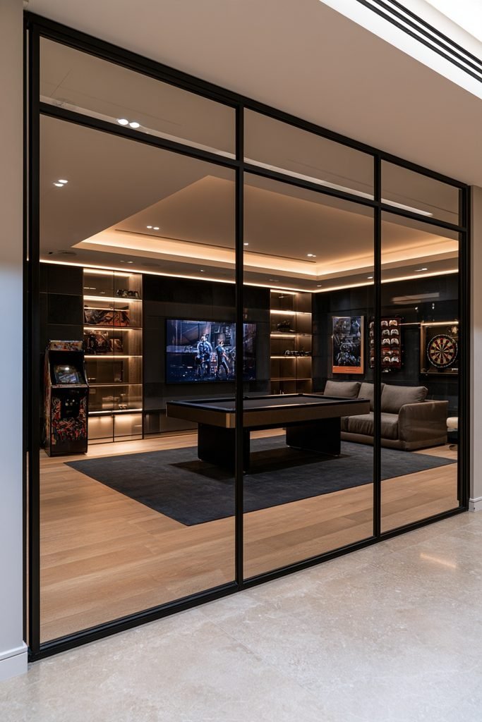 Modern home game room separated by a black-framed glass divider, featuring a pool table, gaming screen, sectional seating, arcade cabinet, and dartboard.