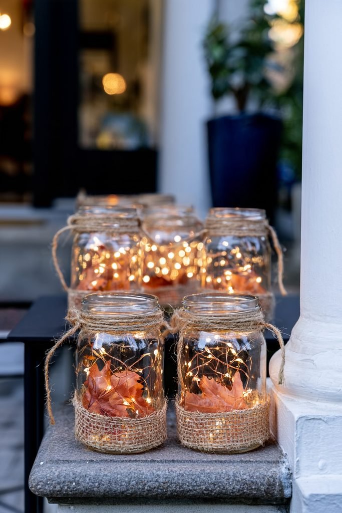 DIY mason jar mini lanterns with fairy lights decorating a cozy fall porch