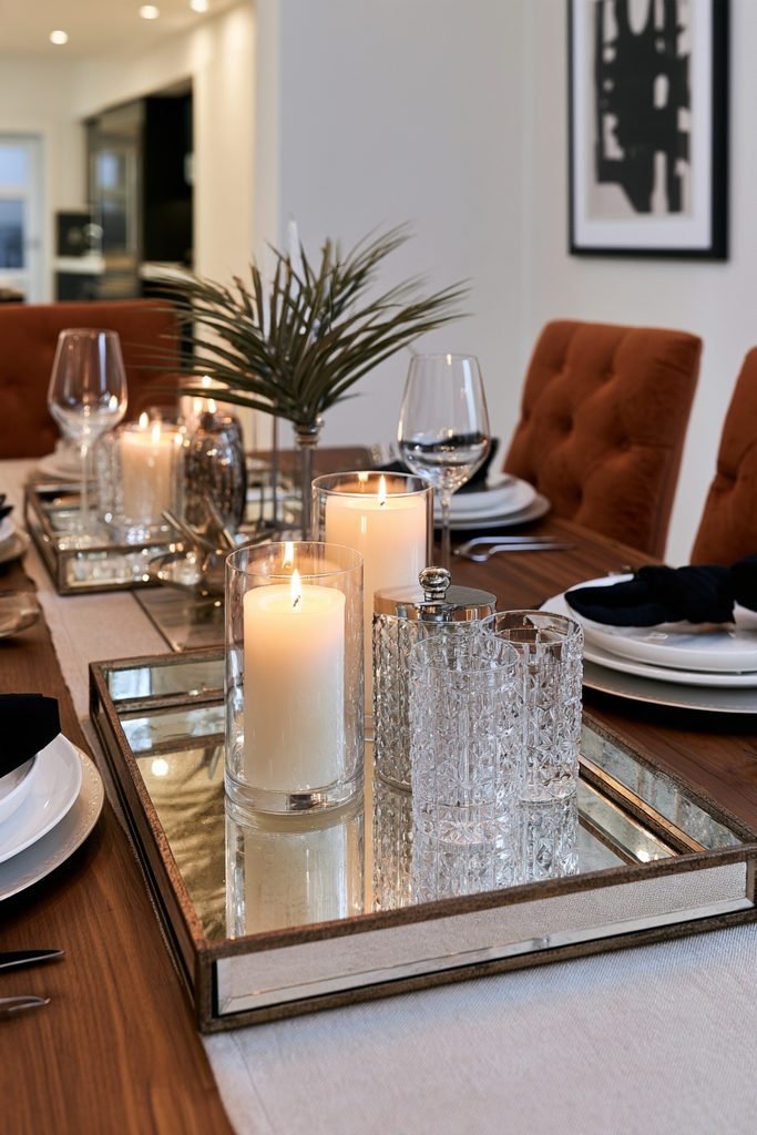 Elegant New Year's Eve table styled with mirrored trays, candles, and crystal glassware