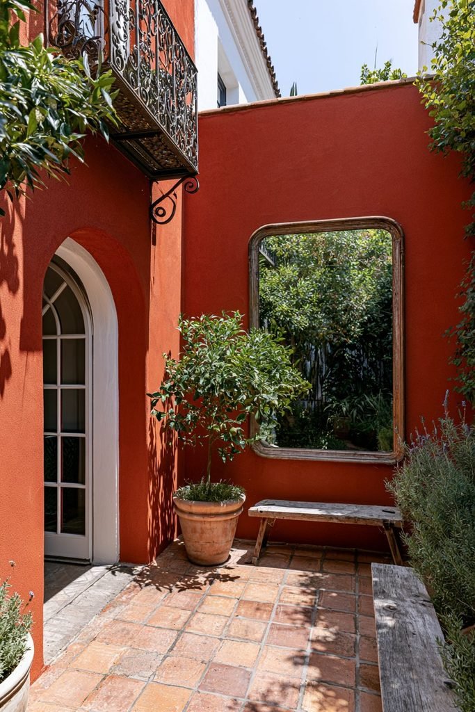 Small modern house courtyard with a decorative outdoor mirror creating a larger garden effect