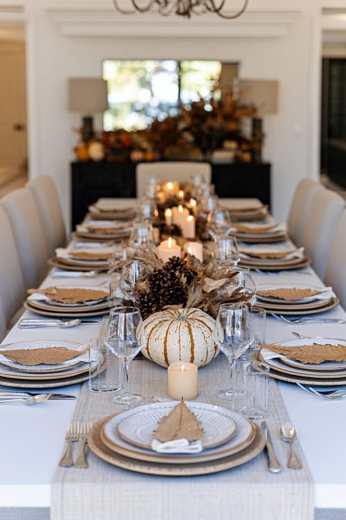Thanksgiving dining table with dried autumn leaf place cards arranged beside elegant family dinner settings.