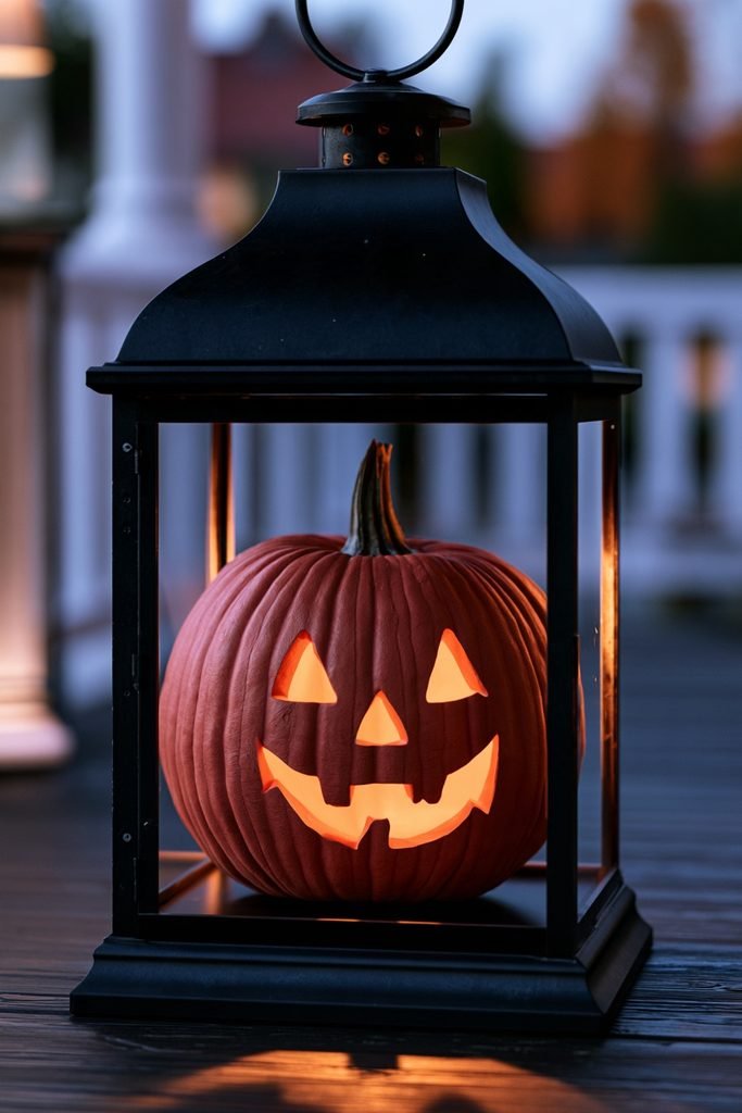 Carved jack-o-lantern displayed inside a large glass lantern on a fall front porch