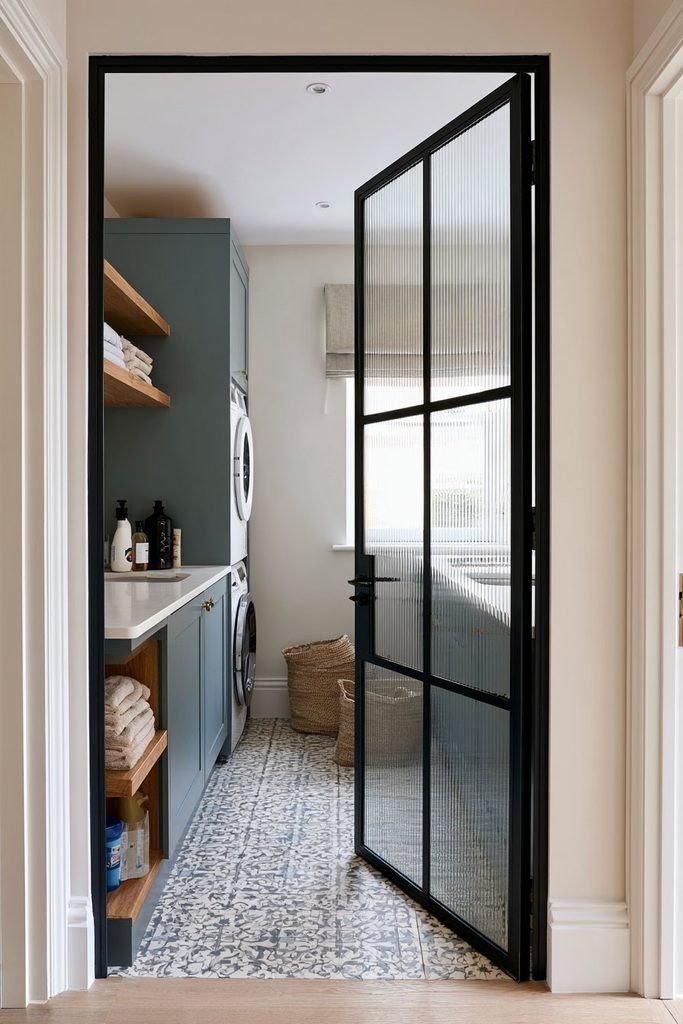 Compact utility room concealed behind a black Crittall reeded-glass door with practical laundry storage