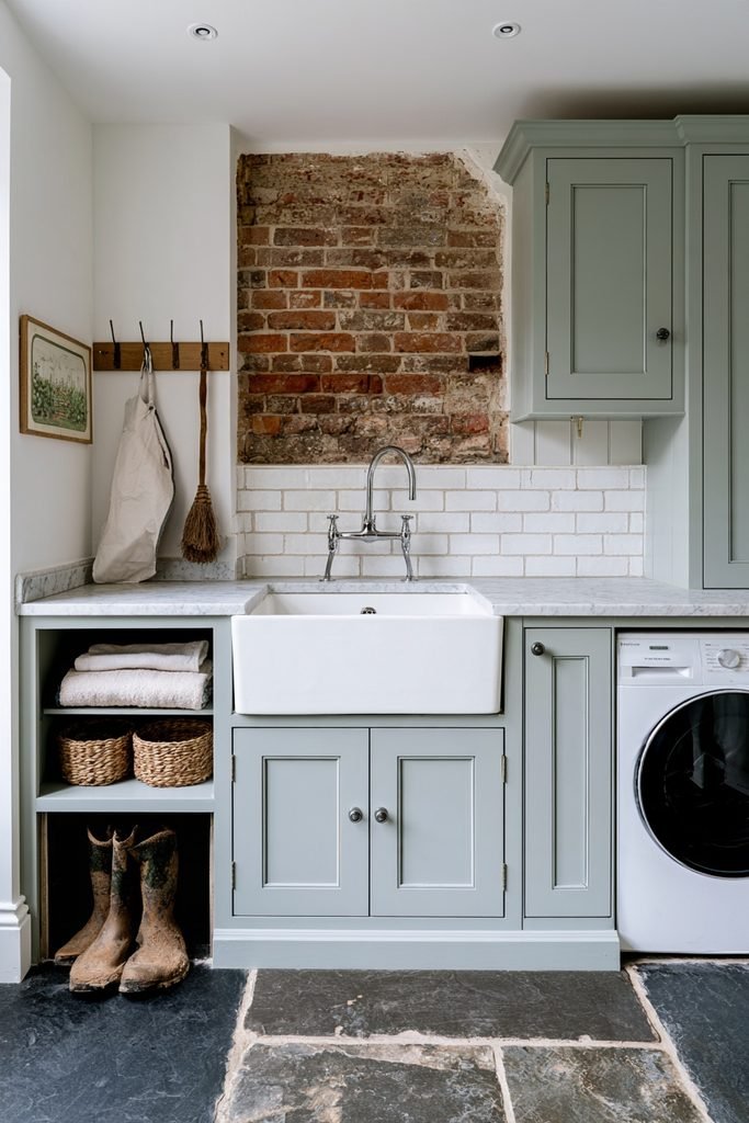Deep white ceramic utility sink with marble countertop in a traditional laundry room