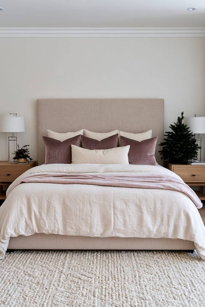 Pink velvet pillow shams layered on a beautifully styled Christmas bedroom bed