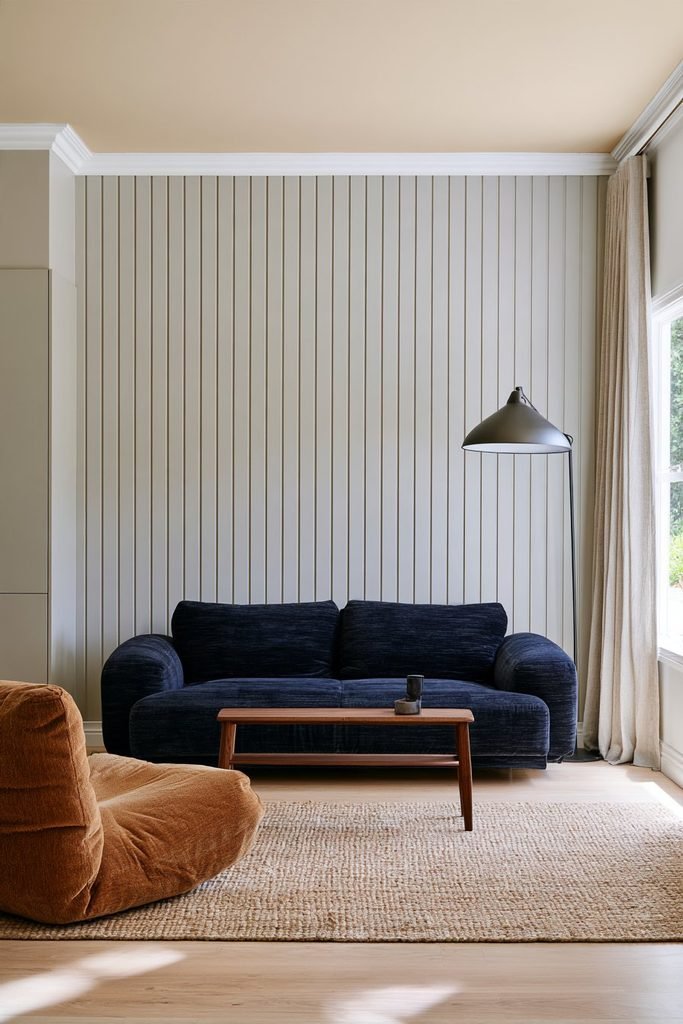 Vertical white shiplap accent wall in a compact bungalow living room designed to create the appearance of a taller ceiling.