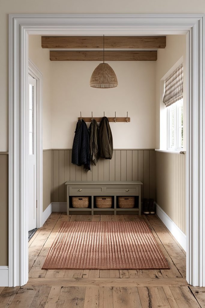 Vertical shiplap wainscoting in a cozy cottage entryway with warm cream walls, rustic wood furniture and natural textures